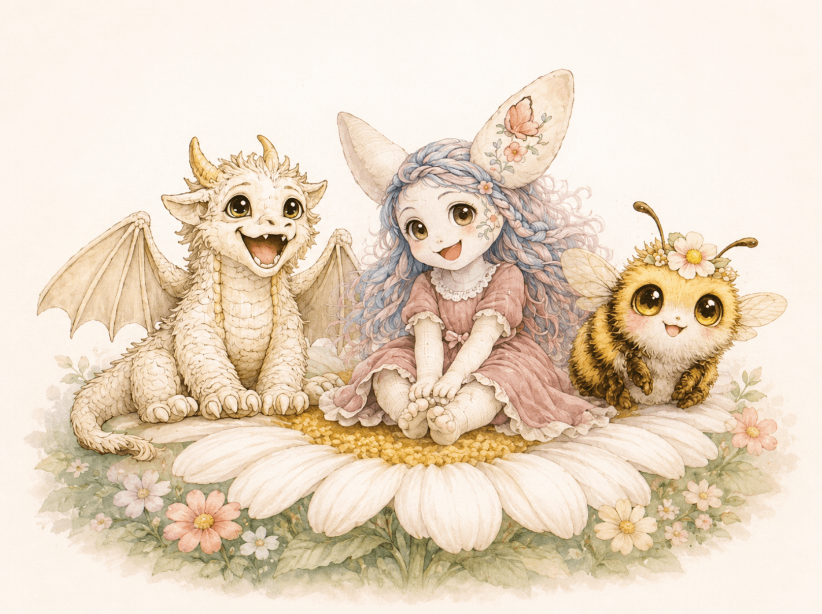 Florenz, Blume, and Pim sitting together on a daisy