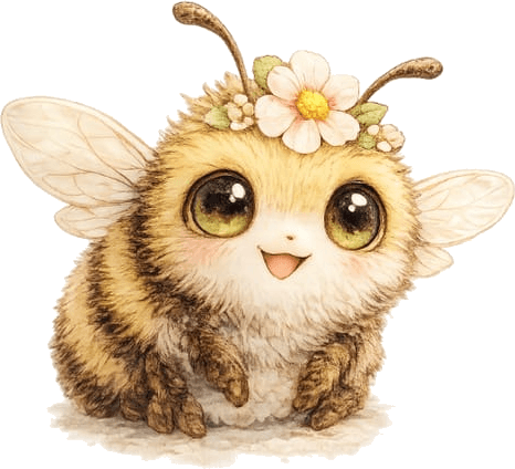 Pim the little wisdom bee, wearing a flower crown