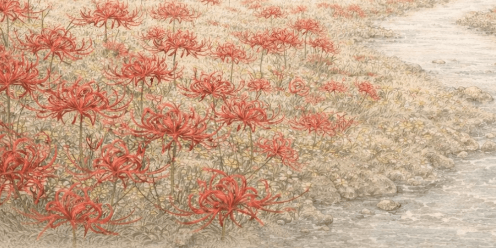 A field of red spider lilies catching the light