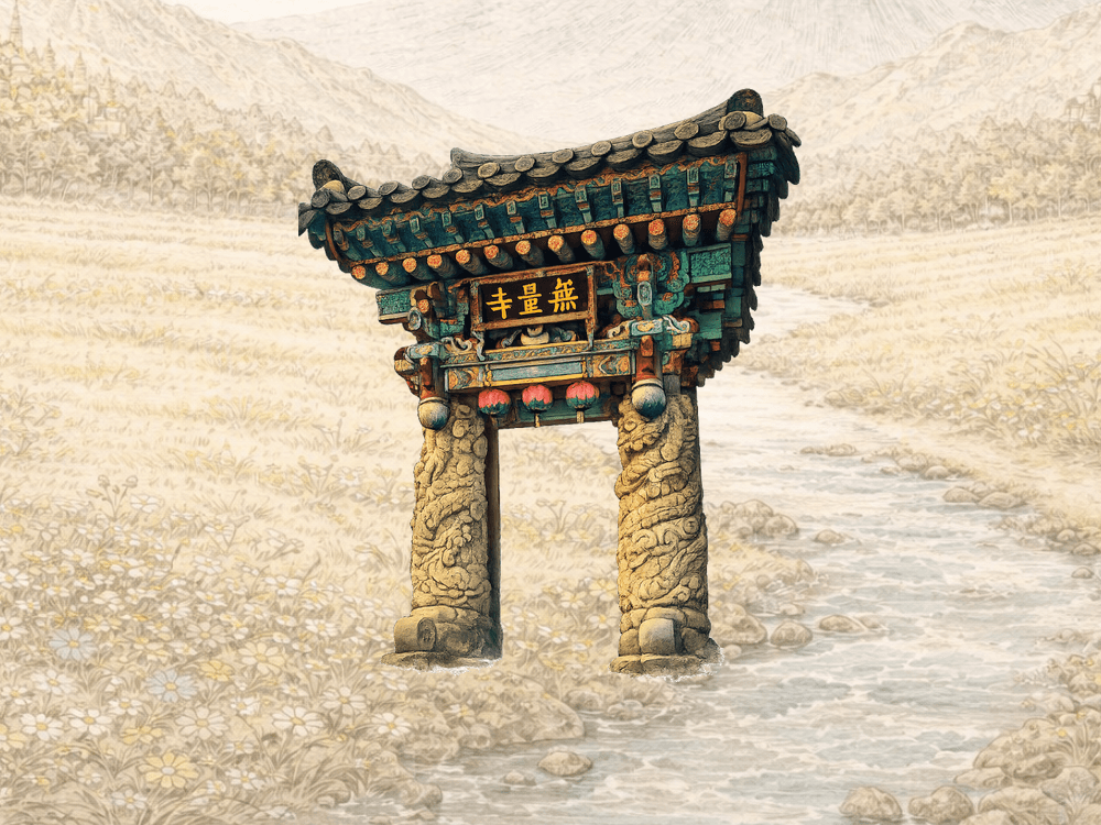 The carved temple gate standing on the meadow below the volcano