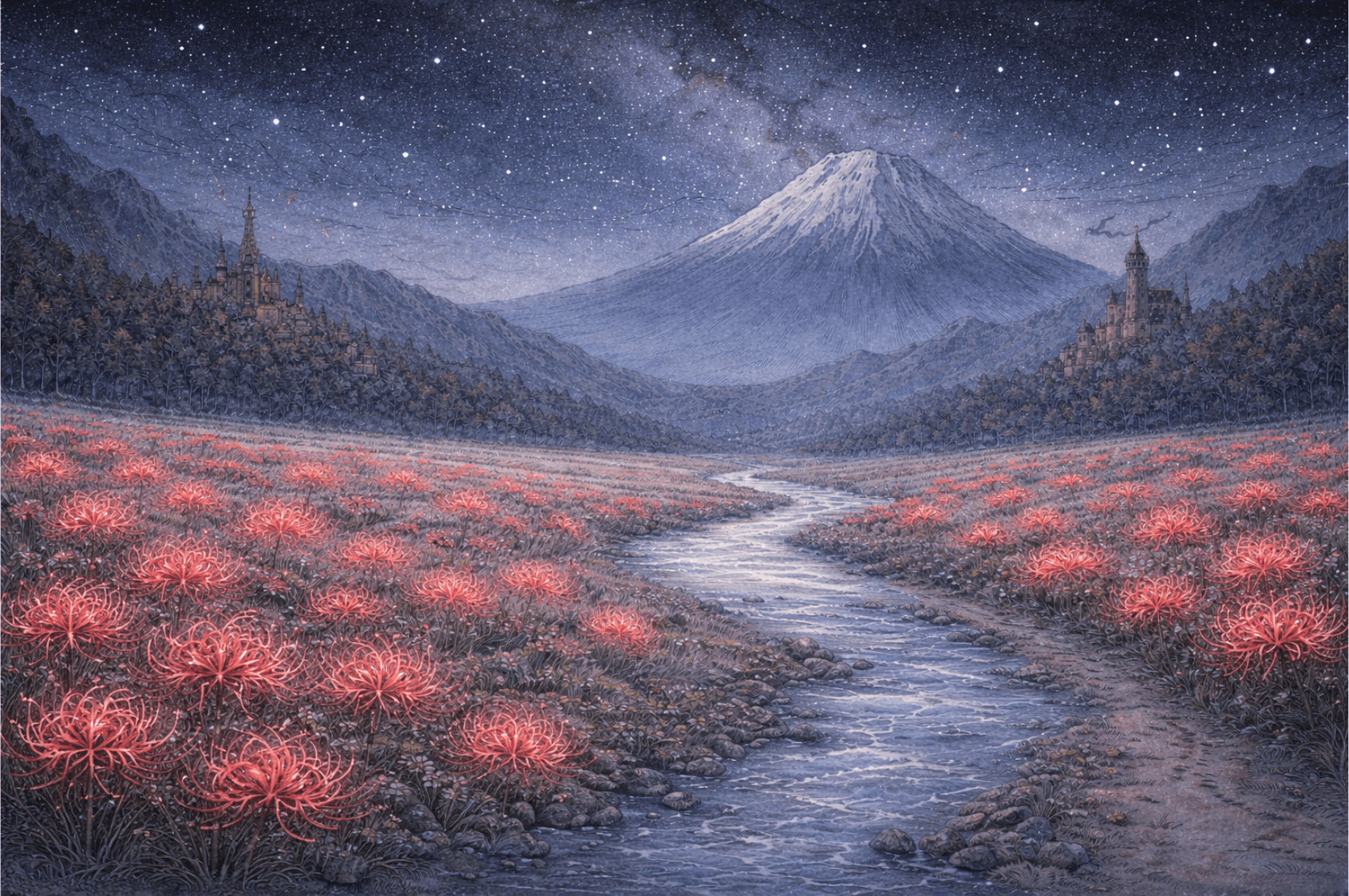 The volcano under a starry night sky, spider lilies glowing along the river