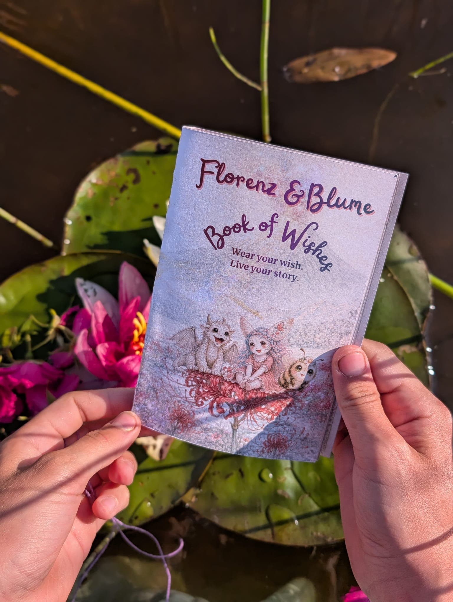 The Book of Wishes held open above the lily pads