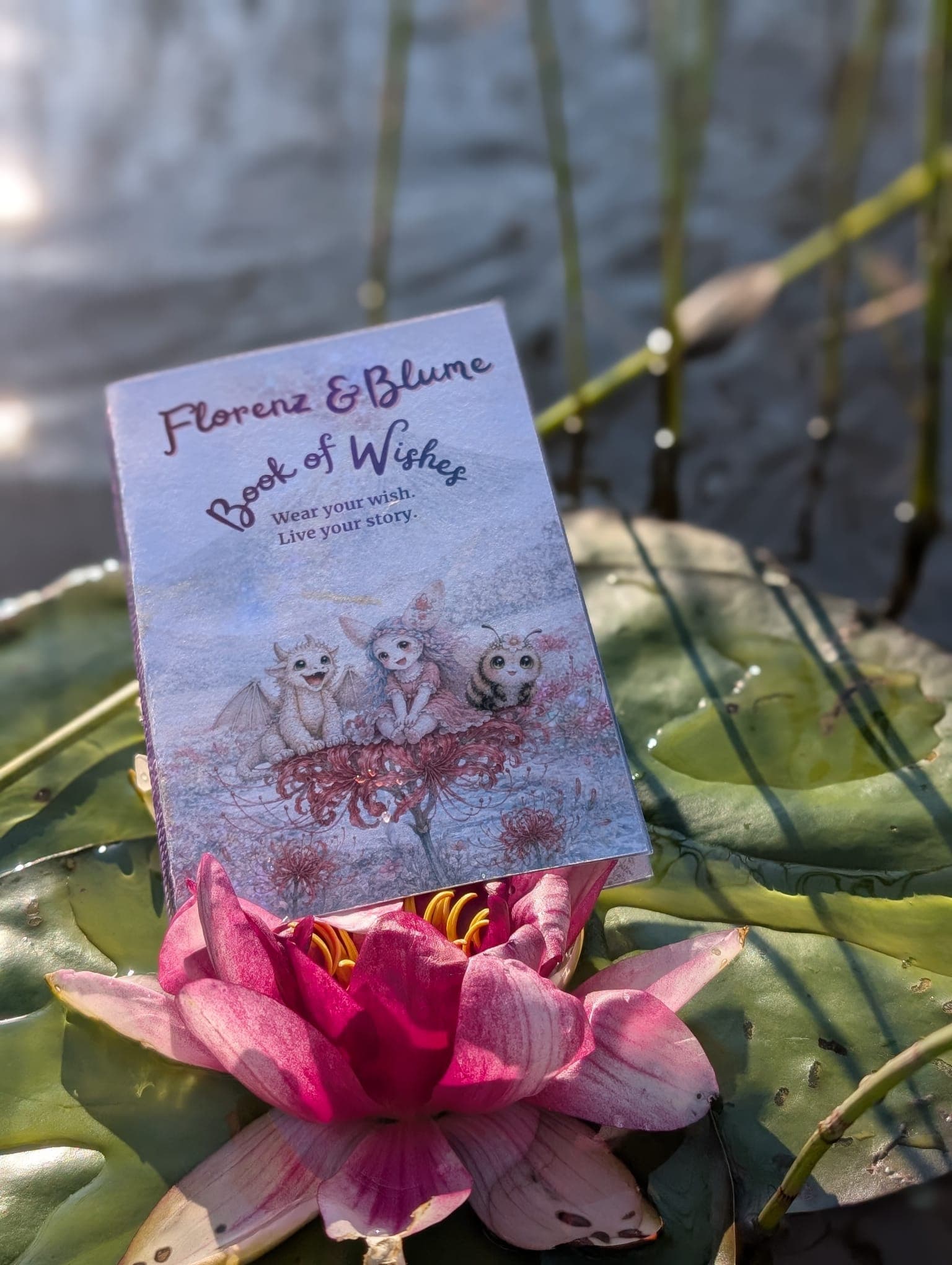 The Book of Wishes resting beside a water lily at sunset