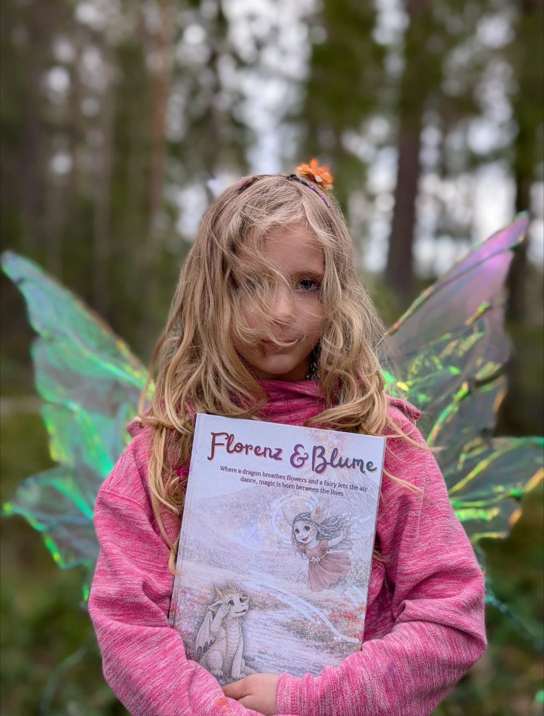A girl in fairy wings holding the Florenz & Blume book in the forest