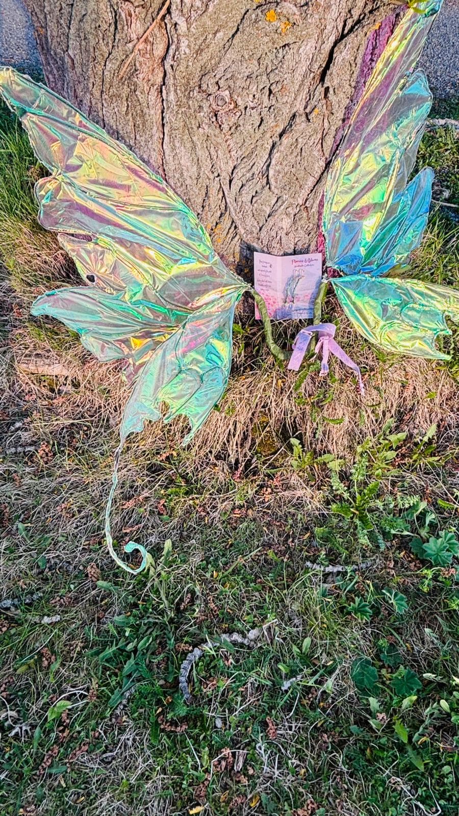 A pair of fairy wings hung on a tree in the yard