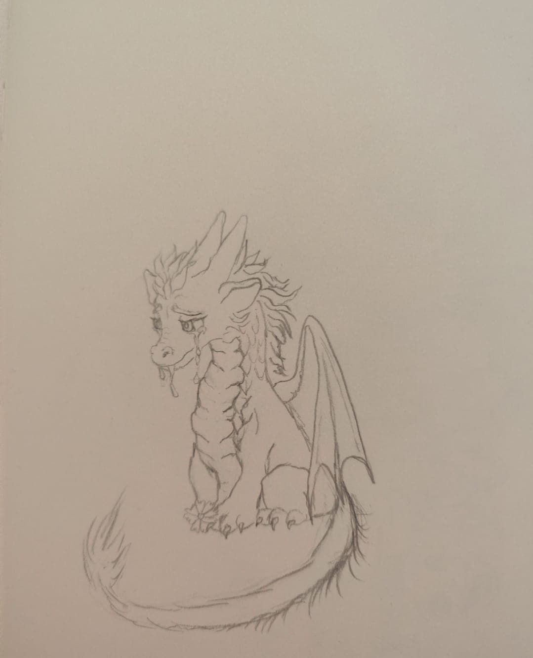 Pencil sketch of Florenz sitting curled up, head lowered, a tear on his cheek